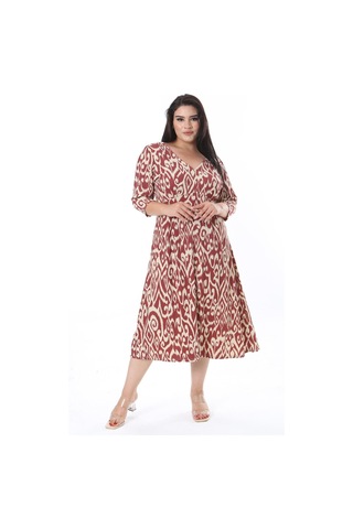 Kadın Büyük Beden Renkli Bürümcük Kumaş V Yakalı Ön Yırtmaçlı Elbise 65n38318-renkli Çok Renkli