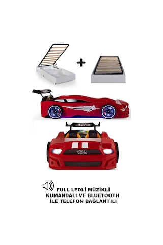 Bazalı Kırmızı Arabalı Yatak Mst Full Ledli Kumandalı Ve Müzikli 90x190 Cm