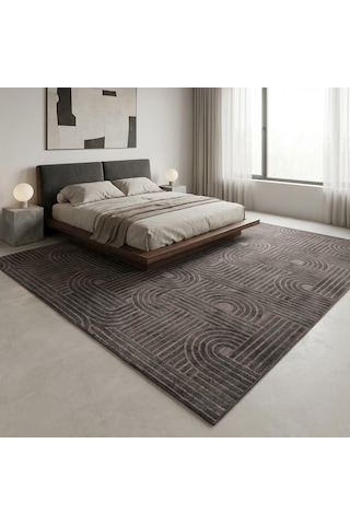 Antrasit Modern Geometrik Desenli Dijital Baskılı Kaymaz Tabanlı Yıkanabilir Halı Antrasit