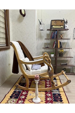 Asedia Vintage Kuğu Naturel Krem El Oyması Ahşap Sallanan Sandalye Dinlenme Koltuğu