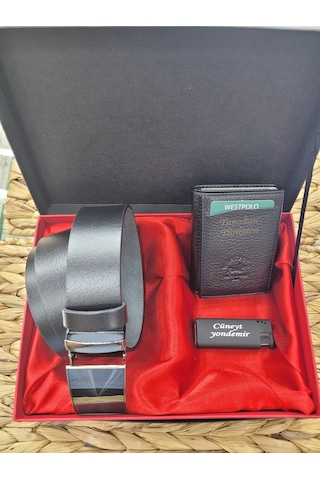 Westpolo Hakiki Deri Mekanizmalı Cüzdan Hakiki Deri Kemer Erkek Set Çakmak Hediyeli Siyah