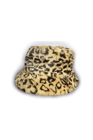 Me-vo Kadın Leopar Desenli Peluş Kova Şapka, Kışlık Yumuşak Bucket Hat Bej