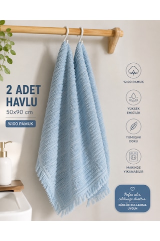 2'li Yüz Havlusu Seti 50x90 Cm Pamuklu El Havlusu Püsküllü Yumuşak Dokulu Yüksek Emici Günlük Kullanım Mavi