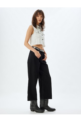 Koton Geniş Paça Crop Kot Pantolon Düğmeli Rahat Kalıp Standart Bel - Wide Crop Leg Jean Siyah 5wal40029md Siyah