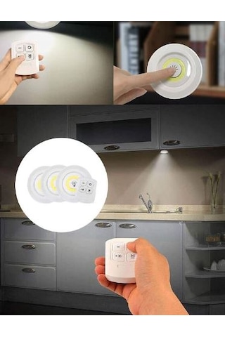 Tezgah Altı Yapışkanlı Kablosuz Pilli Led 3'lü Spot Beyaz Işık Beyaz