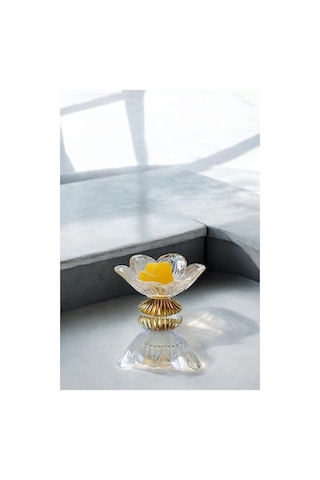 Gold Renk Ayaklı Lotus Çiçeği Cam Lokumluk Drajelik Seti 6 Adet Sarı
