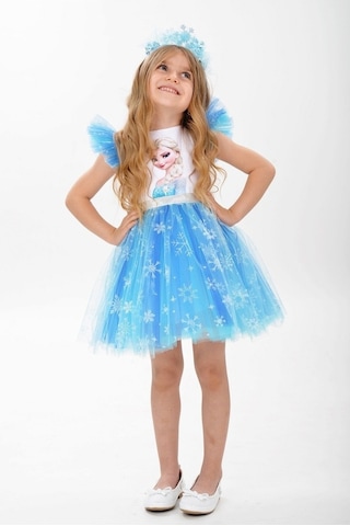 Elsa Karlar Kraliçesi Kar Taneli Taçlı Kız Çocuk Parti Elbisesi