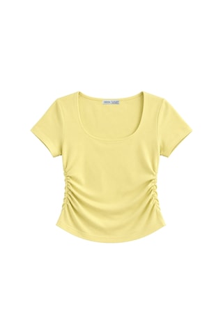 Vadon 1006 Kadın Pamuklu Kare Yaka Yan Büzgü Detaylı Basic Crop T-shirt Bluz Tereyağı Sarısı Sarı
