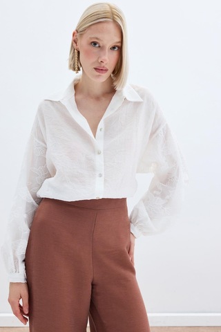 Sateen Nakış Detaylı Kraşlı Gömlek - Ekru-136256 Ekru