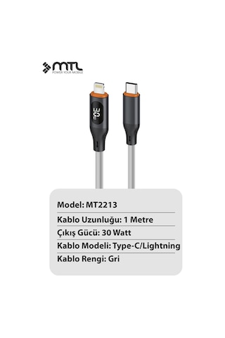 30w Lcd Ekranlı Type-c To Lightning Silikon Hızlı Şarj Ve Data Kablosu 1 Metre Mt2213