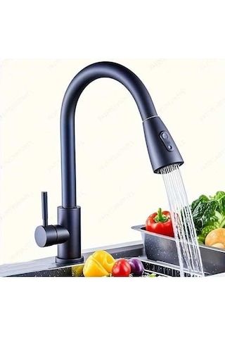 Trendooze Modern Siyah 360 Derece Döner Başlıklı Çekmeli Paslanmaz Çelik Parmak İzi Geçirmez Musluk