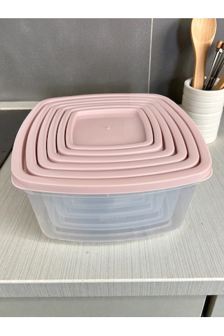 6'lı Kendinden Kapaklı Erzak Baharat Saklama Kabı Seti 8,3 Litre Büyük Boy Plastik Açık Pembe