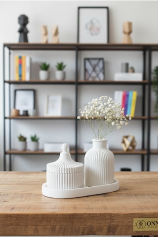 Modern Beyaz Tasarım Takı Kutusu & Vazo Standlı Dekoratif Set
