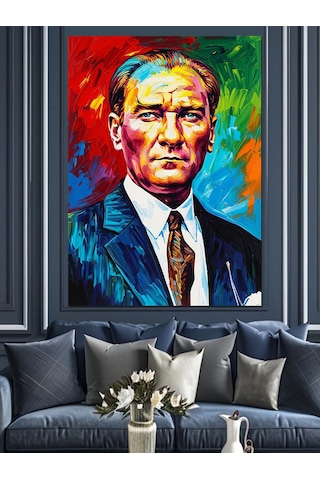 Renkli Mustafa Kemal Atatürk Resmi Dekoratif Kanvas - Mdf Ahşap Tablo