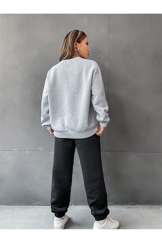 1898 Brooklyn Baskılı Bisiklet Yaka Gri Sweatshirt Ve Siyah Eşofman Altı Eşofman Takımı Gri