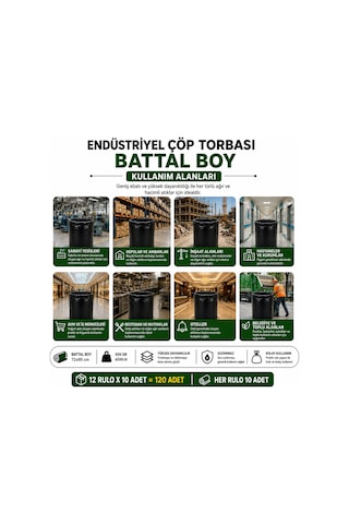 Endüstriyel Battal Boy Çöp Torbası Seti 72x95 Cm Siyah - Koli Içi 120 Adet 12 Rulo X 10 Adet