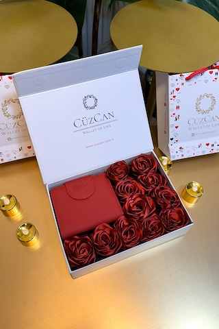 Premium Gift Rose Box - Miosa Kırmızı Hakiki Deri Kadın Cüzdan Kırmızı Gül Kutusu Kırmızı