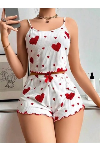 Atyticaret Kadın Pamuklu Beyaz Üstüne Kırmızı Desenli Askılı Şortlu Pijama Takımı