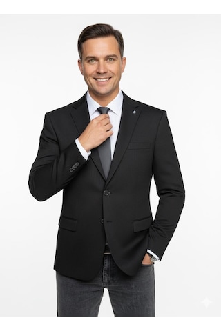 Plus Scorpion Erkek Bej Slim Fit Blazer Ceket Çizgili Dokulu Kumaş Çift Düğmeli Siyah