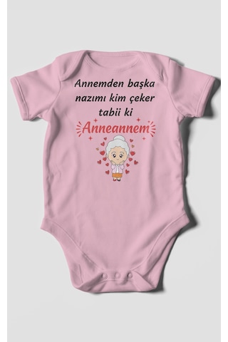 Annemden Başka Nazımı Kim Çeker Tabiki Annanem V2 Baskılı Bebek Zıbını Çıtçıtlı Body Kısa Kol Koyu Pembe