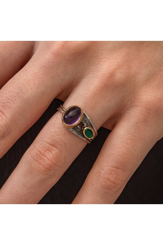 Blackcraft Gümüş Ametist Taşlı Zümrüt Otantik Ayarlanabilir Kadın Yüzük Bc-a62bb7 Renkli