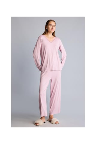 Defacto Regular Fit V Yaka Uzun Kollu Üst Geniş Kesim Alt Pijama Takımı H9101ax26aubr488 Bordo-br488