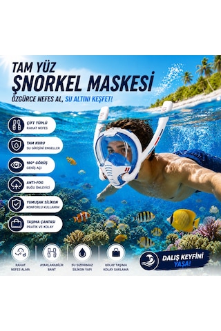 Hymark Çift Tüplü Şnorkel Maskesi L-xl Beden Tam Kuru Dalış Yüzme Maskesi Full Face Dalış Gözlüğü Beyaz - Mavi