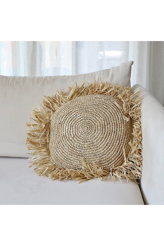 Çift Yön Örgü 40x40 Cm. Doğal Rafya Kırlent - Saçaklı Hali 63 Cm Bej