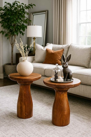 Doğal Meşe 2 Li Yan Sehpa Seti Masif Ahşap Zigon Ve Fiskos Meşe