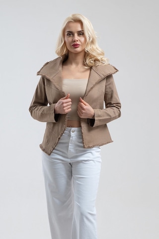 Bold & Young Kadın Camel Tek Cepli Metal Fermuarlı Pis Dikişli Ceket