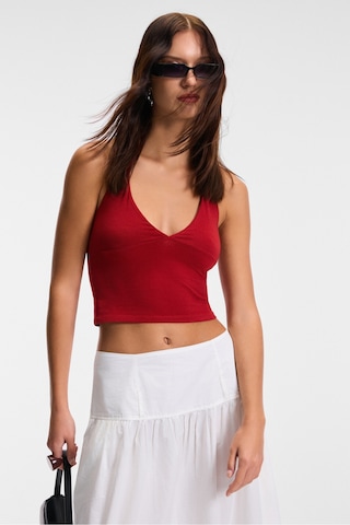 Grımelange MORIENNE Kadın Halter Yaka Kalın Askılı Sırtı Açık Crop Kırmızı Bluz
