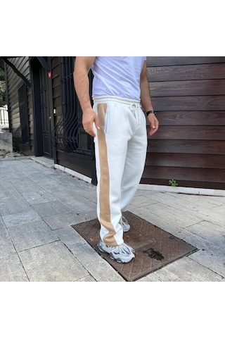Primemağazam Erkek 3 İplik Pamukku Garnili Şeritli Cepli Eşofman Altı Pantolon - Beyaz Çeşitli
