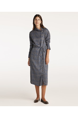 Yargıcı Yüksek Yaka Kuşalı Uzun Kollu Midi Boy Elbise Lacivert Desenli Lacivert