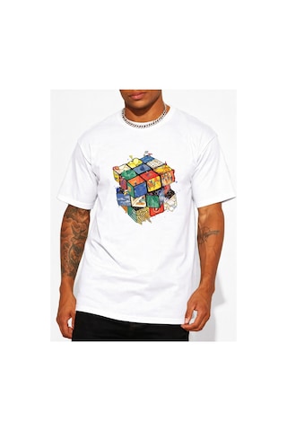 Kübik İllüstrasyon Tasarım Baskılı Kompact T-shirt Beyaz