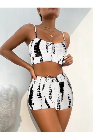 Kadın Büzgü Detay Askılı Crop Mini Tayt Ikili Takım Beyaz