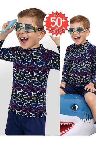 UV Korumalı Erkek Çocuk Mayo T-shirt UVP+50 Faktör Koruma Uzun Kollu Köpekbalığı