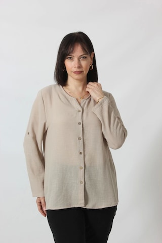 Moda Berray Tb-069 Keten Kolu Apoletli Sıfır Yaka Büyük Beden Taş Rengi Gömlek Bej