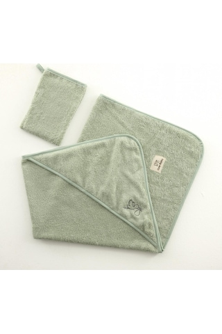 Bambu Antibakteriyel Bebek Nakışlı Havlu Kundak 75x75 Ve Kese Yeşil