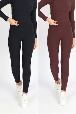 Soft&Basic Kadın 2'li Fit Toparlayıcı Ve Esnek Premium Kumaş Siyah-Kahverengi Tayt Siyah-kahverengi