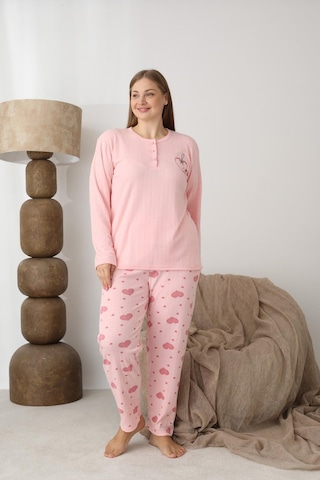 Boyraz Lindros Kadın Pamuk'lu Düğme Yaka Raporlu İnterlok Kışlık Battal Pijama Takımı 0110 - 1 Adet Pembe