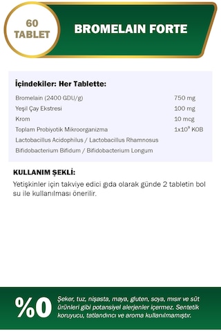 Nutraxin Bromelain Forte 750 mg 60 Tablet Krom Yeşilçay Probiyotik