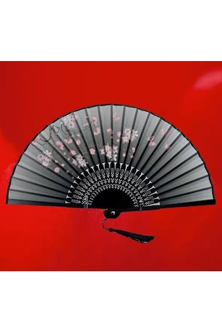 Beluga Yelpaze Bambu Kumaş Serinletici Vintage Gri Şık Dekorasyon Püsküllü Japon Yelpaze 0204