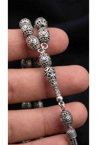 925 Ayar Oval Kesim 3 Kamçılı Püskül Orta Boy Karo Desen Otantik Gümüş Tesbih Rzt10027 Gümüş  - Siyah