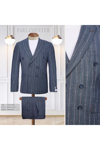 Fabıo Cassel Çizgili Kruvaze Erkek Takım Elbise Slim Fit Petrol