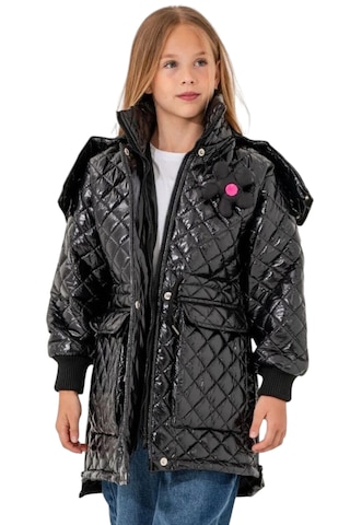 Kız Çocuk Kapitone Model Kapüşonu Çıkabilen İçi Astarlı Etek Kısmı Fermuarlı Parlak Siyah Renk Mont Siyah