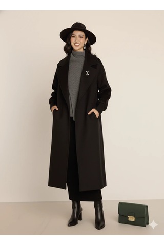 Kadın Siyah Kaşe Uzun Kaban Maksi Boy Palto Geniş Yakalı Düz Kesim Kışlık Siyah