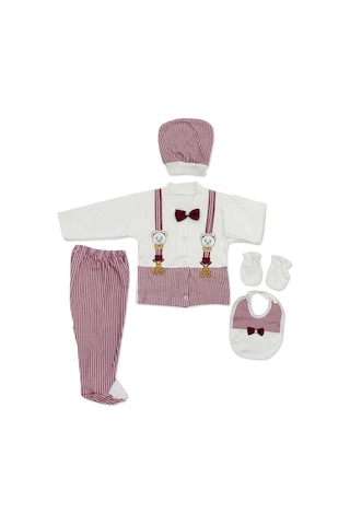 Bombinoo Bordo Ayıcıklı Bordo Papyonlu Yenidoğan Bebek 5 Li Hastane Çıkış Seti Bordo