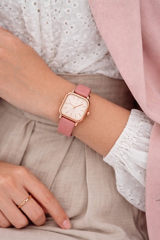 Minimal Kare Bakır Kasa Pembe Renk Deri Kordonlu Zarif Minimalist Şık Analog Kadın Kol Saati