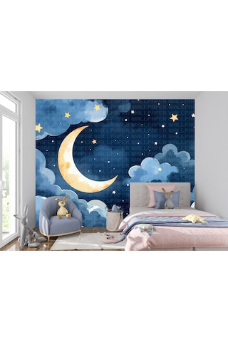 Suluboya Bulutlar Ay Ve Gece Çocuk Odası Poster Duvar Kağıdı