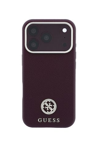 Apple iPhone Uyumlu 18 Pro Max Kılıf Guess Lisanslı M-safe Özellikli Pu Taşlı Metal 4g Ve Yazı Logolu Kapak Bordo